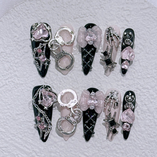 Long Stiletto Press on Fake Nails Blue Heart Diamond Bow Decoration False Nail Y2K Fashion Artificial Nail Handmade Acrylic Nail