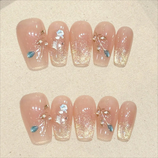 10Pcs Autumn Golden Handmade Finished Press on Nail Full Cover Shiny Cat Eye Design French Rhinestone Ballet Wearable Fake Nails