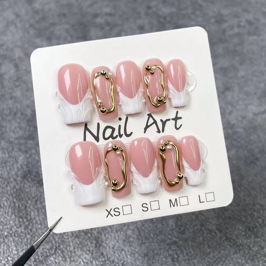 10pcs high-end Luxury-lite style design, hand-painted waves, shiny golden lines and pearls handmade fake nails