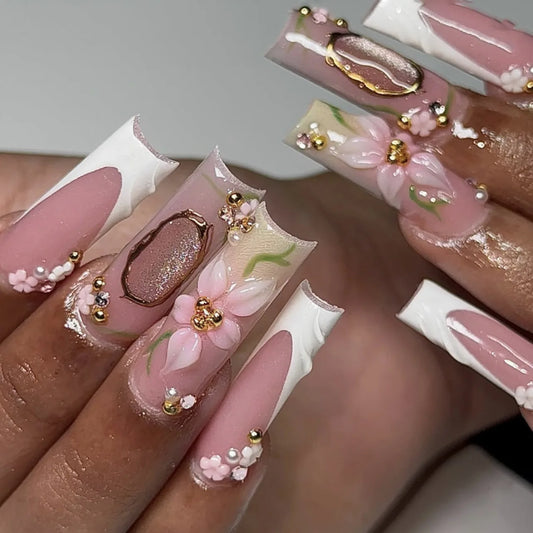 24pcs White French Full Cover Nail Tips Flower Pearl Square Nails Sets Sweet Long Coffin Press on Fake Nails Reusable False Nail