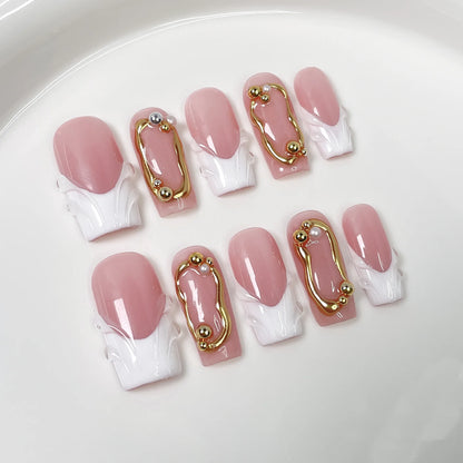 10pcs Luxury Gold Press on Nails 3D Flower False Nails Pearl French Manicure Handmade Fake Nail Tips Square Medium Nail Stickers