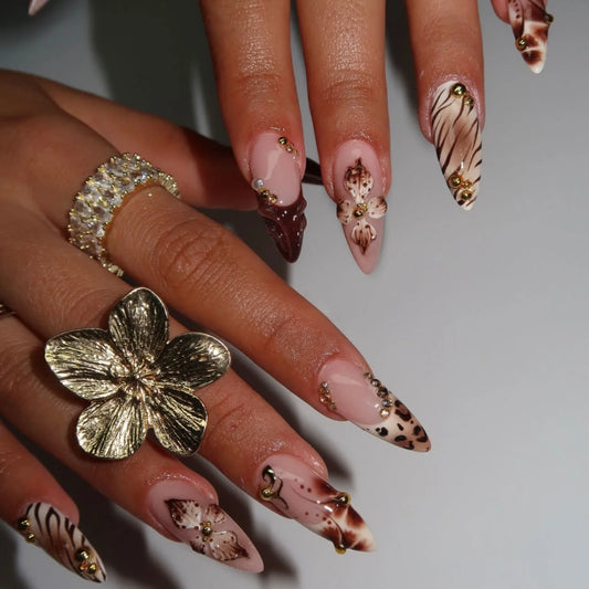3D fake nails for women girls Gradient brown blue embossed flowers with rhinestones fall winter almond tips press on false nail