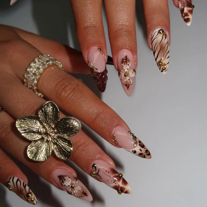 Harvest – Brown Floral 3D Almond Press-On Nails
