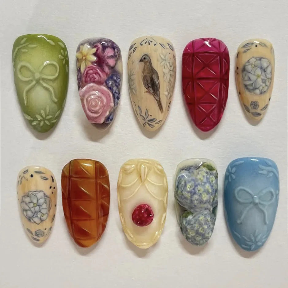24Pcs Mid-length Almond Press on Fake Nails with Insect Flower Button Design Full Cover Nails Tips Reusable Finished False Nails