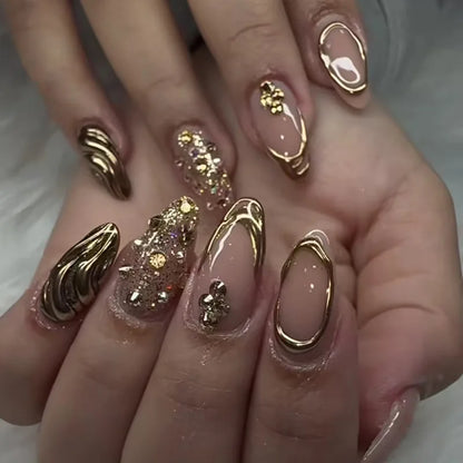 24pcs Round Head Almond Fake Nails White French False Nail Flower Stick on Nail Tip with Golden Design Short Press on Nails Sets