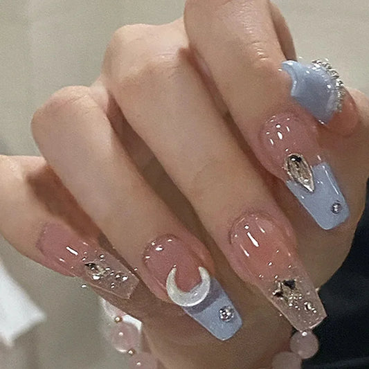 24Pcs Mid-length Ballet False Nails Blue French Shiny Powder Press on Fake Nails 3D Star Moon Rhinestone Reusable Manicure Tips