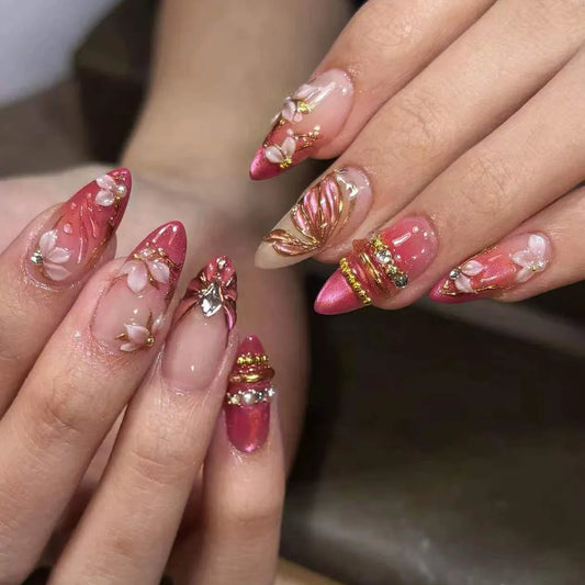 24pcs Cat's Eye Gradient Tips Press on Nails French Red Almond Glitter Diamond False Nails with Flower Design Stick on Fake Nail