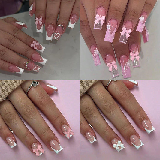ARTAUG 96PCS Pressed French Square False Nails With Bow And Flash Diamond Designs Are Reusable Acrylic False Nails