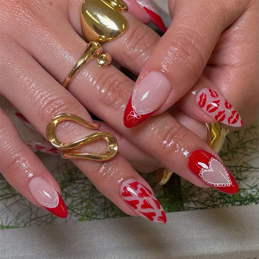 24Pcs Red Lace Bow French Press on Fake Nails Love Heart Lip Print False Nails Mid-length Almond Wearable Full Cover Nails Tips