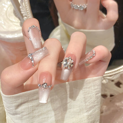 10pcs Handmade Press On Nails Glossy Cat's Eye Shiny Rhinestone Decor False Nails Ins Simple Fake Nail Detachable Manicure