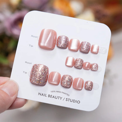 14pcs Glossy Fake Toenails With Sequins Pitaya Color Cat Eye Foot Fake Nails Wearable Glitter Short Square False Toe Nails