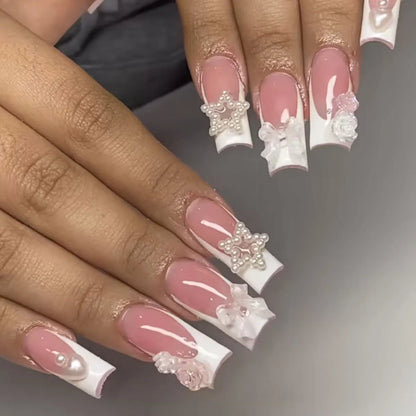 24pcs White French Square Tips Press on Nails Sets Finished Long Ballet Fake Nail Bow Pearl Design Stick on Wearable False Nail