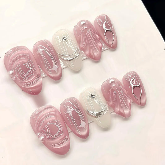 24Pcs Almond Detachable Press on Nails Cat's Eye Rhinestone Pearl Fake Nails Silver Irregular Design Full Cover False Nails Tips