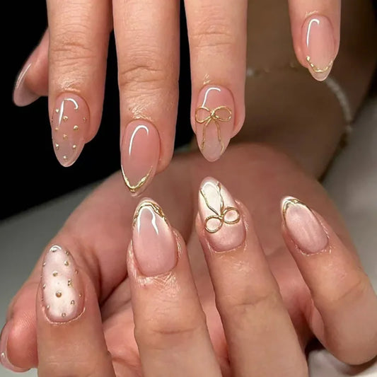 24Pcs Short Almond Nude Pink Cat's Eye Manicure Tips 3D Golden Bow Polka Dot Press on Fake Nails Wearable Full Cover False Nails