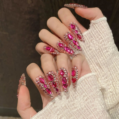 10pcs Rose Pink Handmade False Nails Full Glitter Rhinestone Light Luxury Press On Nails Long Stiletto Fake Nail For Spicy Girls