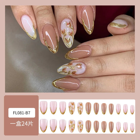 24PCS 3D Gilt Almond Shape Gilded Floral Press on Nails High End Embossed Light Luxury Sweet Cool Manicure Full Cover Nail Tips