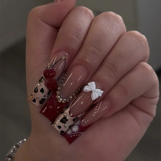 24pcs Extra Long Square Press on Nails Sets Sweet Cool Leopard Print French Coffin Fake Nail Tips Bow Cherry Decor False Nail