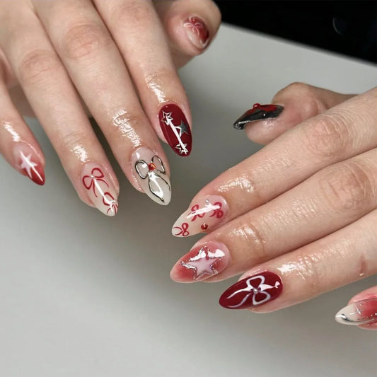 24pcs Y2K Fake Nails Black Blush Almond False Nail Patch Sliver Flame Printed Full Finished Wearable Press on Nail for Women