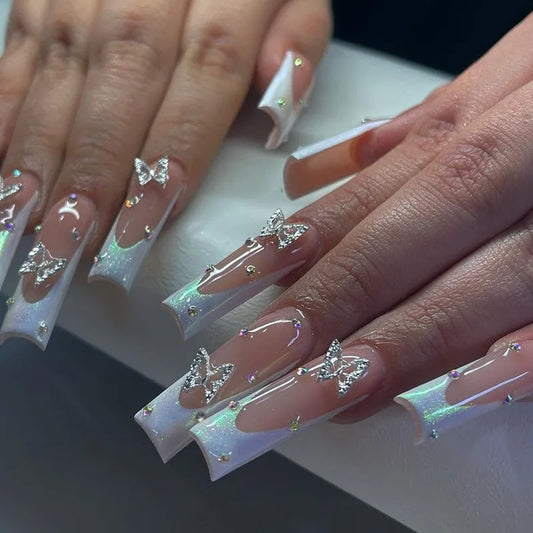 24pcs White French Press on Fake Nails Set Finished Rhinestone Butterfly Design Long Full Cover Nail Tip Reusable False Nail Art