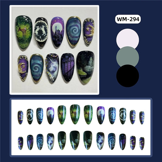 24pcs Fantasy Celestial Horse Fake Nails Cute Cartoon Charming Almond False Nails With Metal Moon Beads Decor Press On Nail