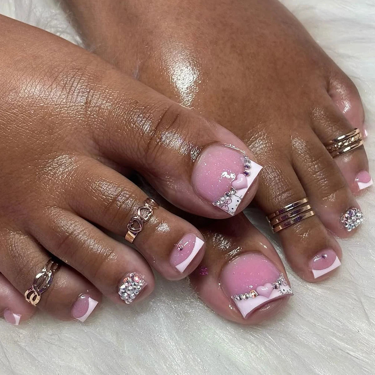 24Pcs Toenail Patch White French Wear Nail Art Three-Dimensional Pink Small Heart Fake Nail