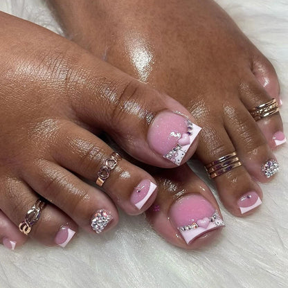 24Pcs Toenail Patch White French Wear Nail Art Three-Dimensional Pink Small Heart Fake Nail