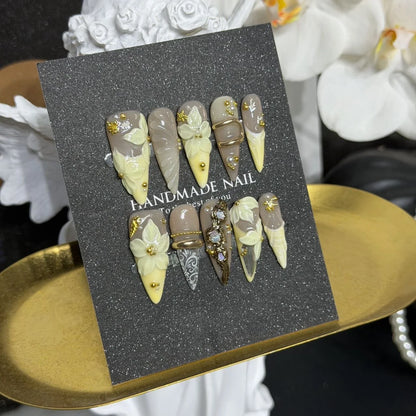 10Pcs/set Retro Stiletto Handmade Press on Nails Fake Nails with 3D Red Love Design Wearable Stick-on Nails False Nail Uñas 네일팁