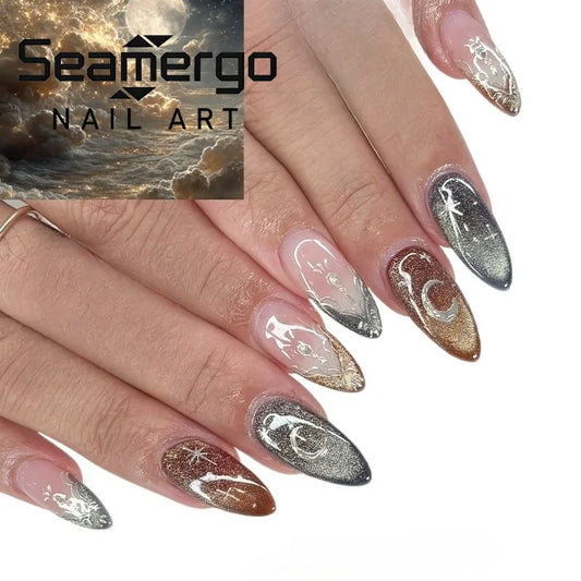 24PCS Cat Eye Almond Stick on False Nails Silver Moon Star Sweet Cool Style French Wearable Removable Fake Nails for Women Girl