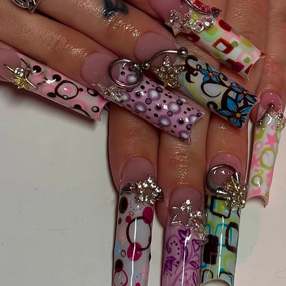 24Pcs Pink Long Ballet Coffin False Nails Butterfly Flower with French Design Wearable Fake Nails Glitter Press on Nail Tips Art