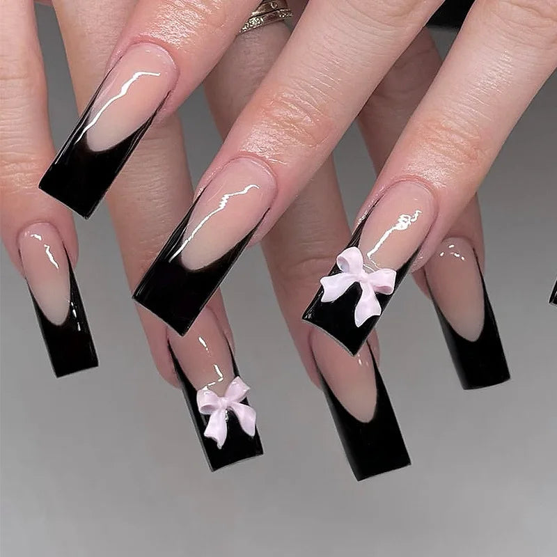 24Pcs Pink Long Ballet Coffin False Nails Butterfly Flower with French Design Wearable Fake Nails Glitter Press on Nail Tips Art