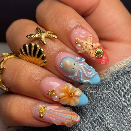 24Pcs French White Gradient Almond Press on Nails Flower Pattern False Nails with 3D Rhinestone Design Fake Nail Art Uñas 네일팁