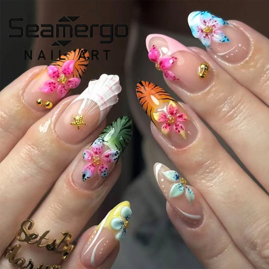 24PCS Summer Tropical Flower Press on Nails Summer 3D Shell and Tiger Print False Nails with Gold Bead Almond Acrylic Nail Tips