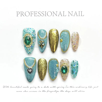 10pcs Shiny Colorful Almond Fake Nail Patches Handmade Chinese Style Press On Nails Gold Foil Sequins Smudging False Nails Art