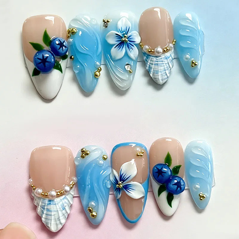 24Pcs Mid-length Almond Press on Fake Nails with Insect Flower Button Design Full Cover Nails Tips Reusable Finished False Nails