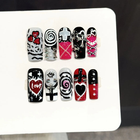 10PCS Square Handmade Press On Nails,Punk-style Tough Girl,Suitable For Festivals Parties And Daily Wear.