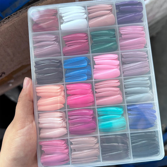 576pcs/box Colorful Long Coffin Fake Nails Glossy Soft Gel French Nail Tips Simple Press On Nail 24Grid Huge Capacity False Nail