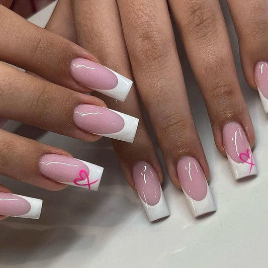 24PCS White French Edge Mid Length Square False Nails With Heart Design Fully Covered With Acrylic False Nails