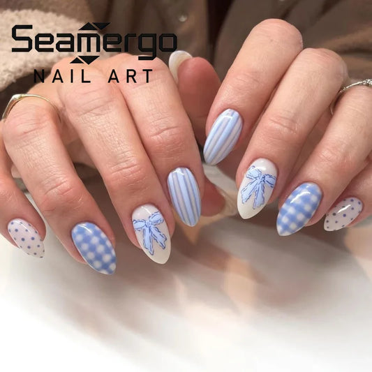 24PCS Light Blue White Almond Press on Nails Bow Stripes Gingham Polka Dot Print Fake Nails Coquette Aesthetic Reusable Manicure