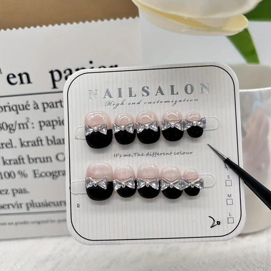 10PCS Handmade Press Nails Black French bow glitter nails, French white nail patch with short bow in black
