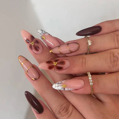 Wine Red French Wearable Nail Art Flowers Petal Halo Dyeing Almond False Nails Detachable Finished Fake Nails Press on Nails