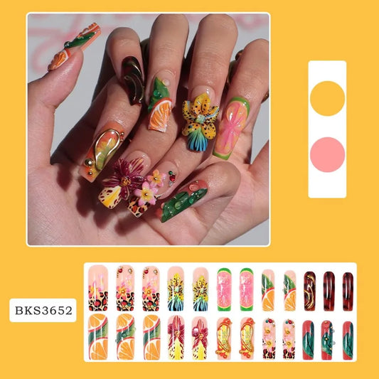 24Pcs Long Coffin Press on Nails 3D Tropical Flowers Fake Nails Leopard Print Rhinestone Acrylic Nails for Women Summer Manicure