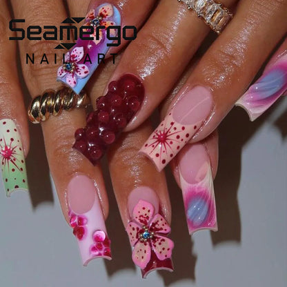 24PCS Medium To Long French White Border Fake Nails Sweet Flowers Broken Diamonds Nail Art Pieces Gold Bead Design False Nails