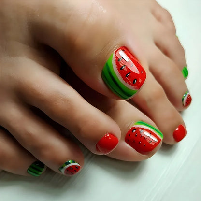 24pcs Colorful Painted Watermelon Fake Toenails Little Fresh Summer Beach Wearable False Toenail Shiny Diamond Press On Toenails