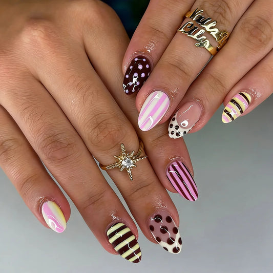 24pcs Glossy Almond False Nails Colorful Stripes Polka Dot Designs French Style Press On Nails Sweet Cool Summer Fake Nail