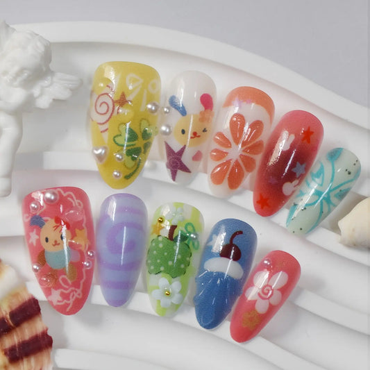 10pcs Handmade Press on Nails Sweet Cool Cartoon Fruit Star Print Fake Nails Wearable Detachable Ins Summer Almond False Nails