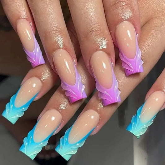 Fantasy Colorful 3D Water Ripple Gradient Fake Nails Art False Nail Charm French Summer Purple Blue Press on Nails Manicure Tool