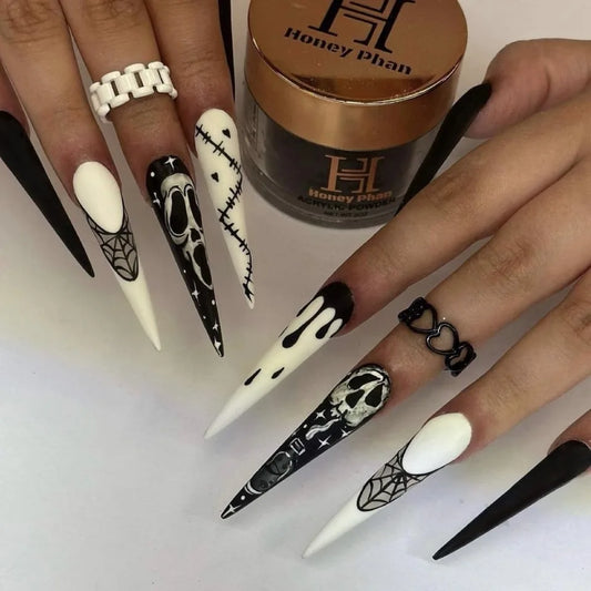 24pcs White Bones Long Pointed Fake Nail Patches Halloween Ghost Spider Webs Press on Nails for Girls Women Wearable Detachable