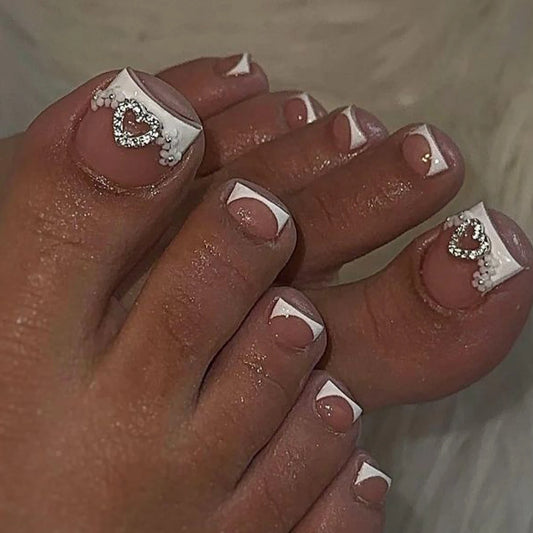 24PCS White French Style Pressed Toenail Art Heart-Shaped Rhinestone Flower Design Fully Covered Acrylic Toe Nails