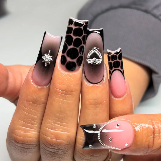 24pcs Black Leopard Printed Fake Nail Tips European Long Ballet Press on Nails Full Cover Wearable Spice Girls False Nail Tips