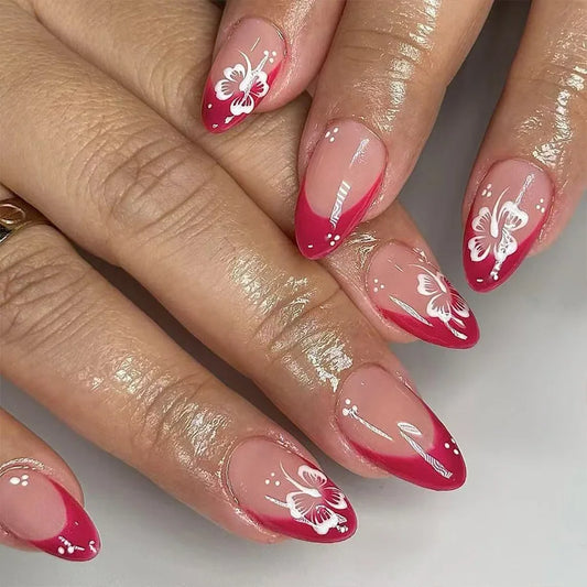 24Pcs Short Almond False Nails Press on Simple Pink French Flower Design Fake Nails Shiny Powder Reusable Full Cover Nails Tips